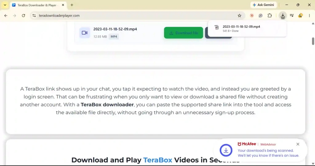 TeraBox Downloader showing a downloaded video file