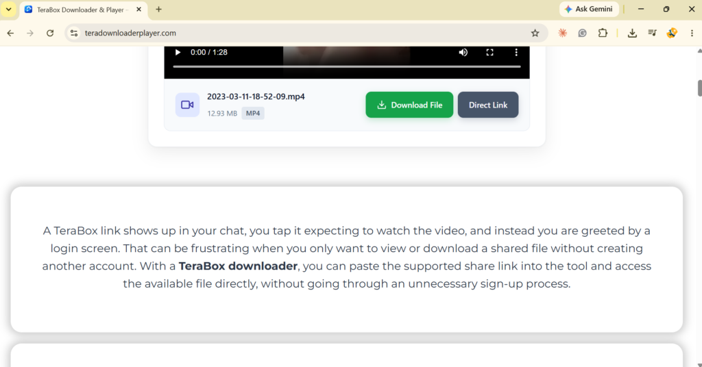 TeraBox Downloader video preview with download and direct link buttons